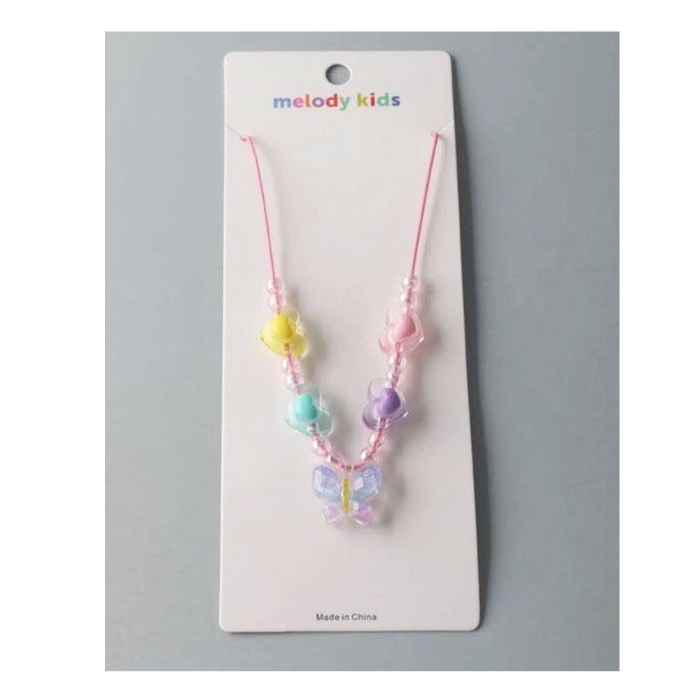 Kids Pastel Butterfly Necklace for Girls – Colorful Heart Beaded Pendant Jewelry – Cute Toddler & Child Accessory – Pink Cord (Style NKK373)