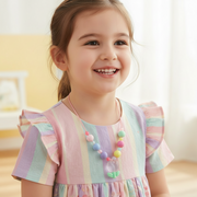 Kids Rose Flower Pendant Beaded String Necklace (NKK381)