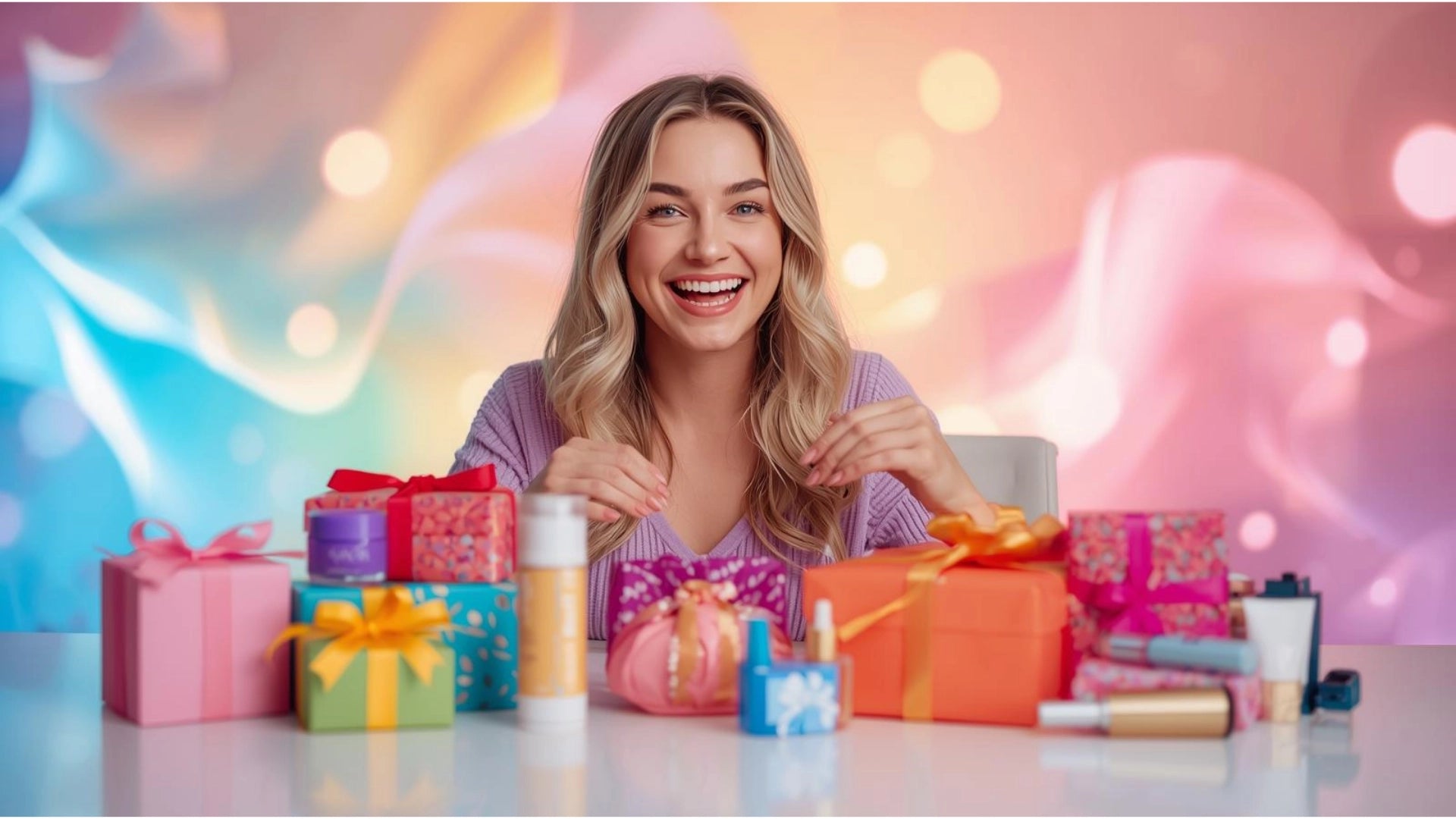 Woman surrounded by colorful gifts and products with a blurred, festive background