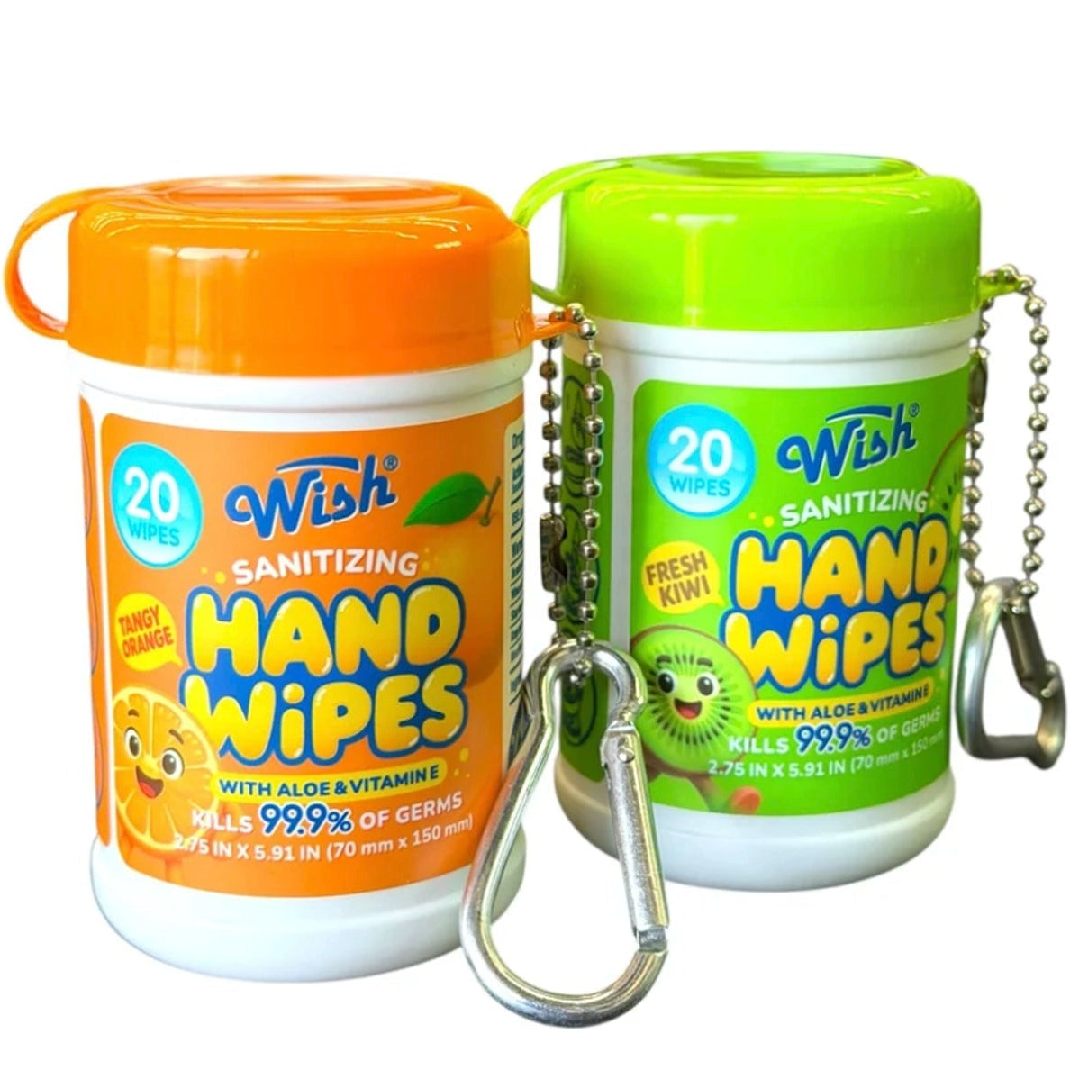 Wish Kid-Friendly Sanitizing Hand Wipes Mini Canister Display Set – 20 Count Travel Antibacterial Wipes with Keychain Clip (Aloe & Vitamin E)
