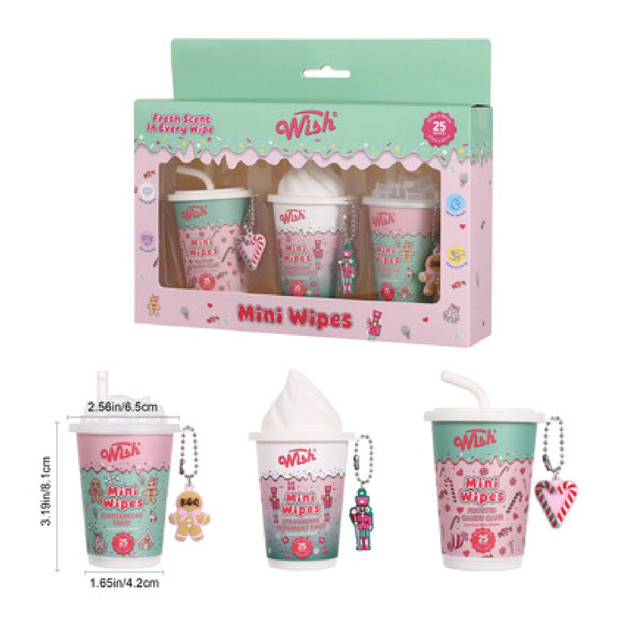 Wish Mini Cleaning Hand Wipes 25ct – 3-Pack Portable Travel Wipes with Charms