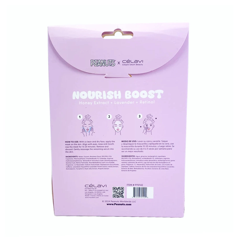 CELAVI - Peanuts Nourish Boost Printed Sheet Mask – Honey Extract + Lavender + Retinol