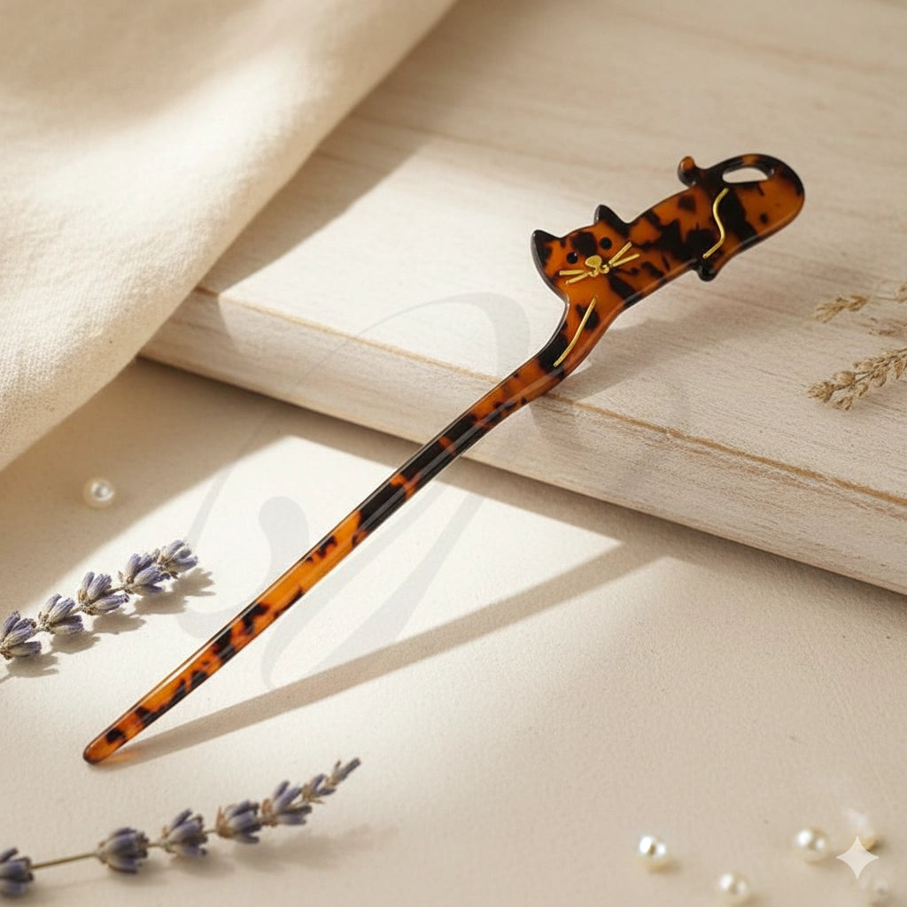 18cm Cat Hair Fork - Large Tortoiseshell Acetate Hair Stick for Thick Hair - Minimalist Animal Hair Pin for Buns & Updos (PGS-2035M)