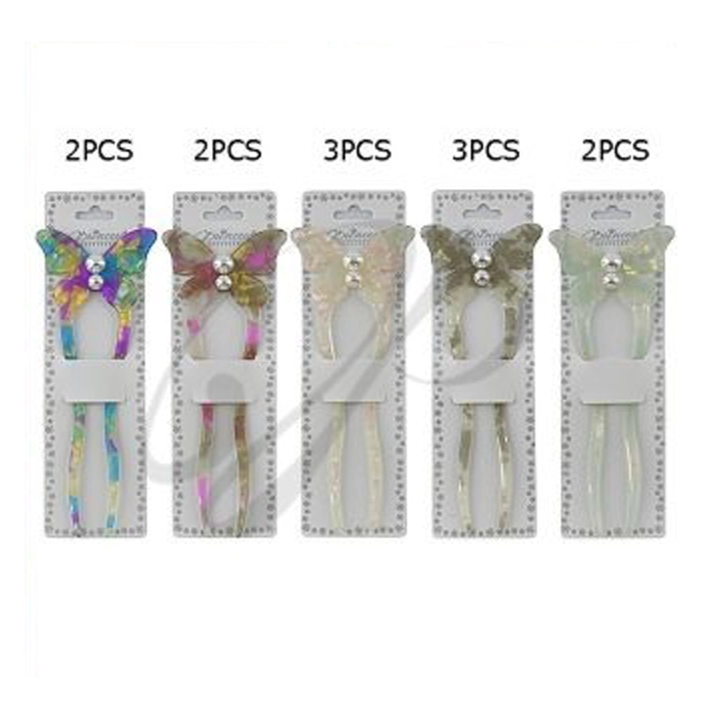Butterfly Acetate Hair Fork - Pearlescent Two-Prong Hair Stick for Buns and Updos - 15cm (PGS-2036M)