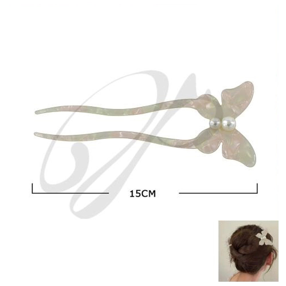 Butterfly Acetate Hair Fork - Pearlescent Two-Prong Hair Stick for Buns and Updos - 15cm (PGS-2036M)