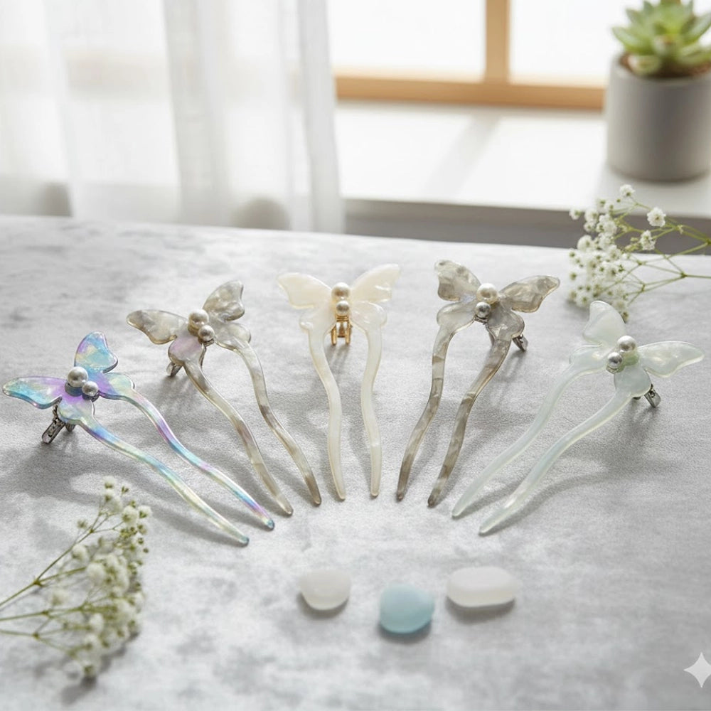 Butterfly Acetate Hair Fork - Pearlescent Two-Prong Hair Stick for Buns and Updos - 15cm (PGS-2036M)
