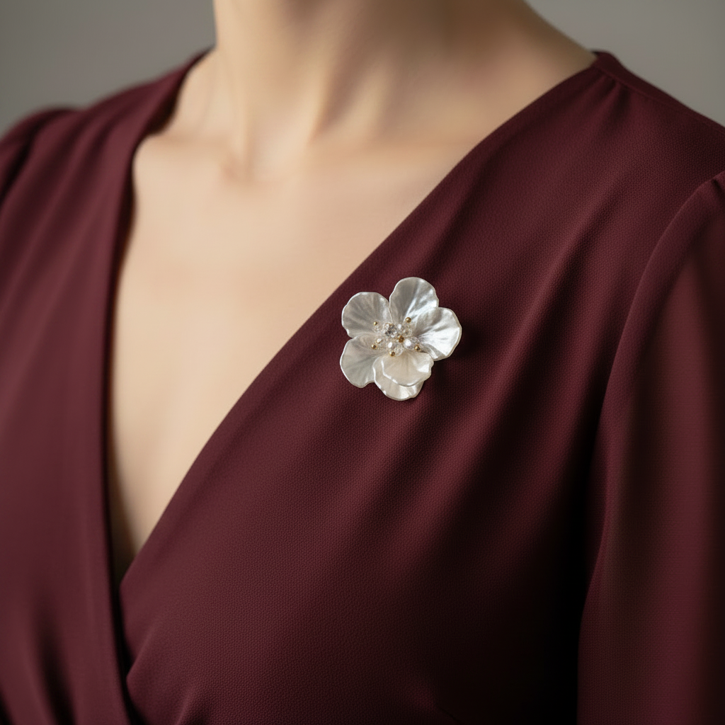 Pearl Blossom Brooch – Elegant Acrylic Floral Lapel Pin with Rhinestone Center (PN5390)