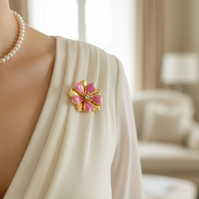 Layered Flower Enamel Brooch Pin with Rhinestone Center (PN5409)