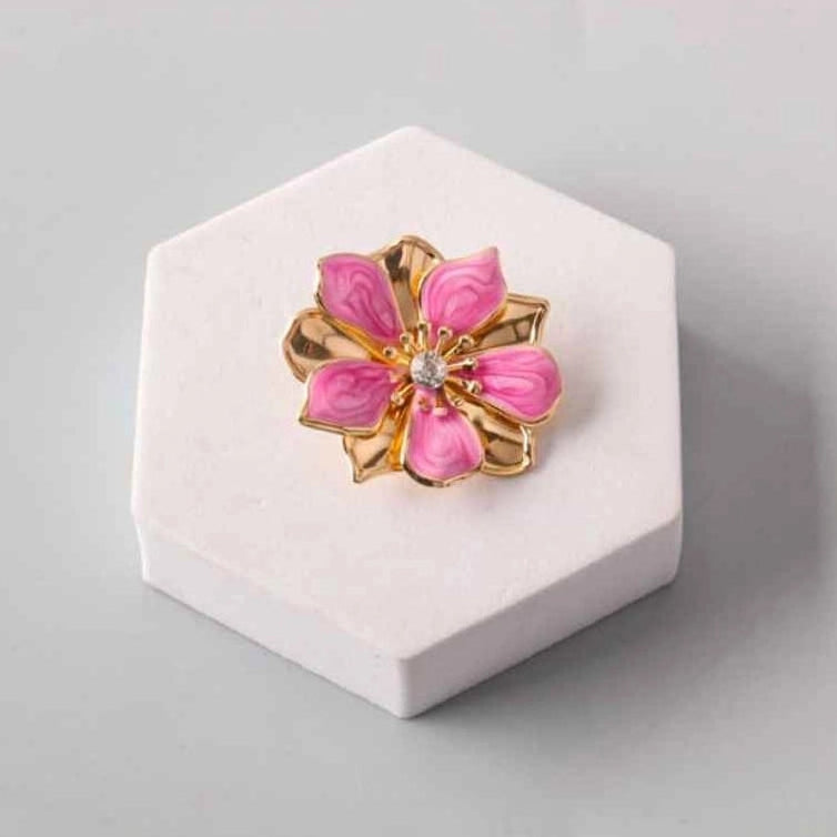 Layered Flower Enamel Brooch Pin with Rhinestone Center (PN5409)