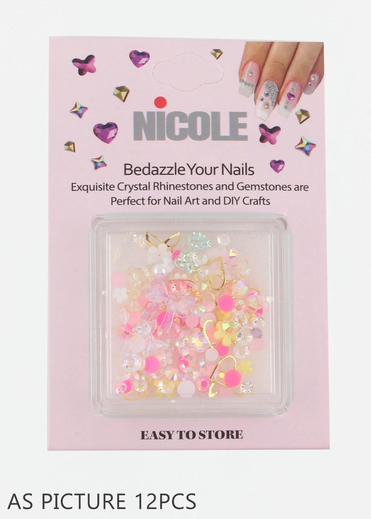 Nail Art Mixed Rhinestones & Gemstones Kit – 12pc 3D Charms (QE2774)