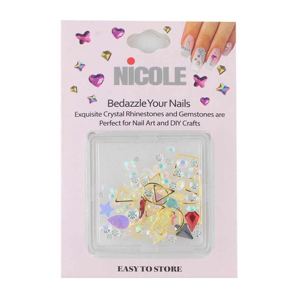 Bedazzle Mixed Nail Art Gems - 12pcs Iridescent Crystals & Gold Geometric Charms (QE2794)