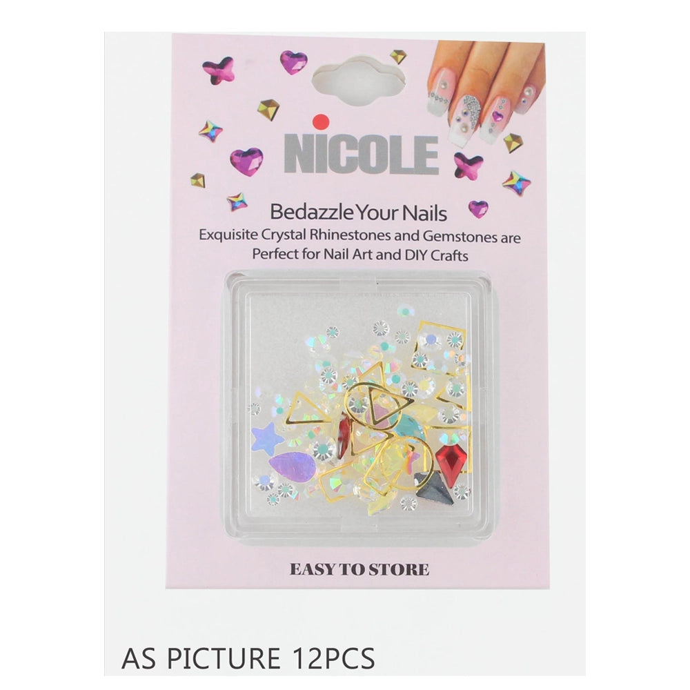 Bedazzle Mixed Nail Art Gems - 12pcs Iridescent Crystals & Gold Geometric Charms (QE2794)