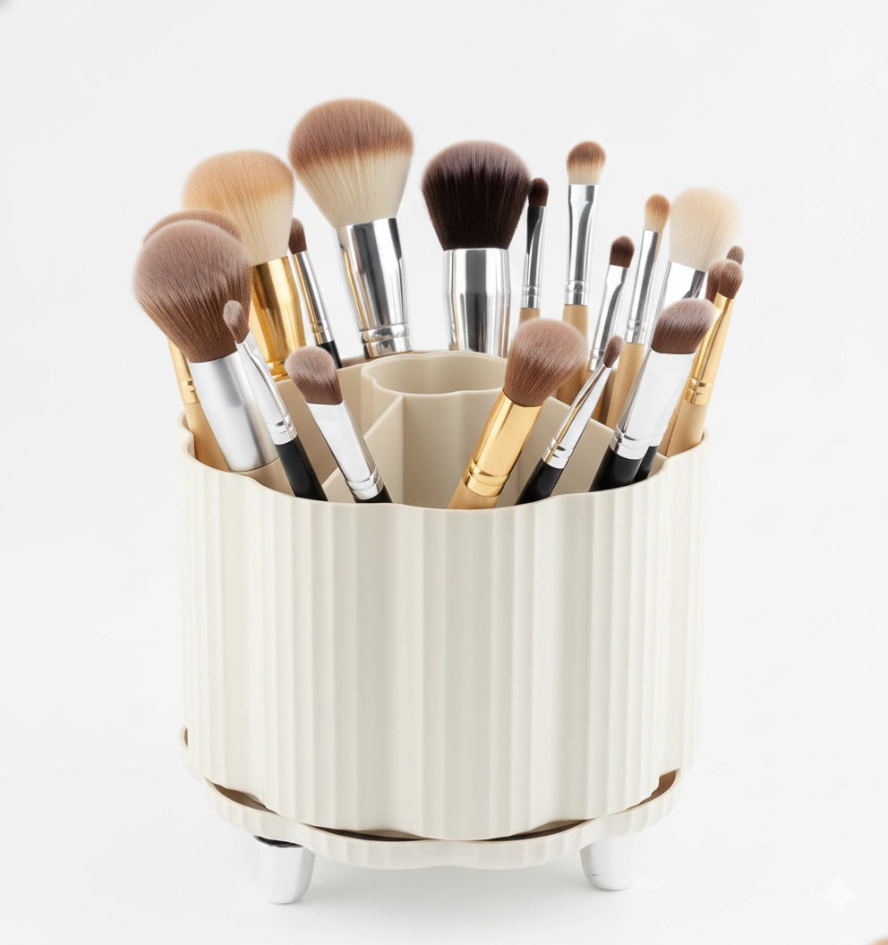 Rotating Makeup Brush & Cosmetics Storage Holder - Cream