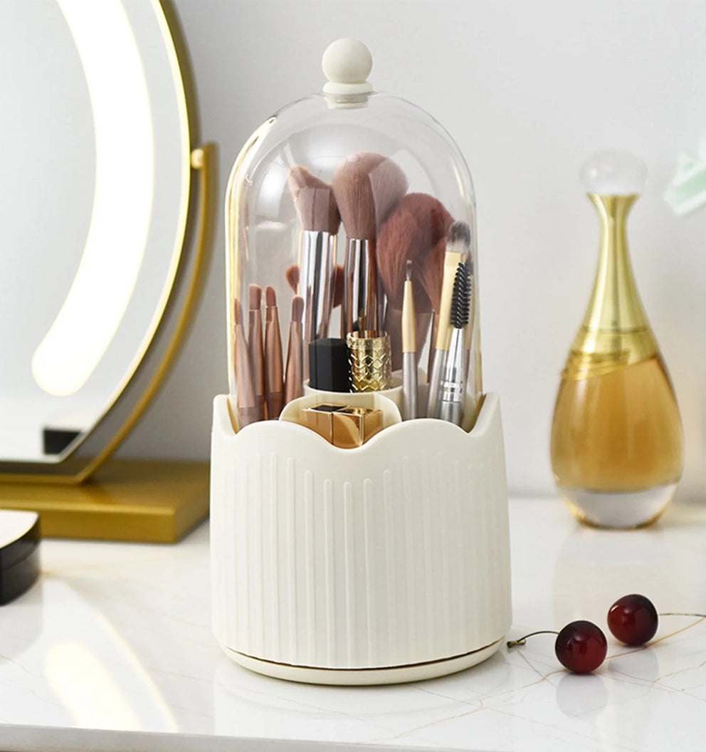 Makeup Brush Holder – Transparent Dustproof 360° Rotatable Storage (Cream)