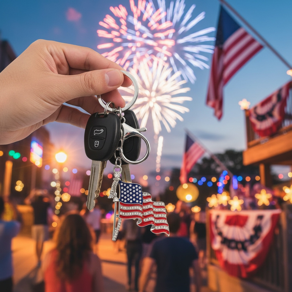 Newproduct - 12714 - 2026-05-13 American Flag Rhinestone Keychain - Patriotic Waving USA Flag Keyring with Lobster Claw Clasp (QE2888)
