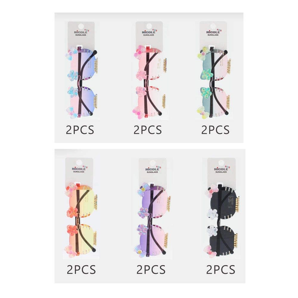 Kids' Rimless Cartoon-Shaped Sunglasses – Glitter Bow & Crystal Rhinestone Petal Shades (QE3035)