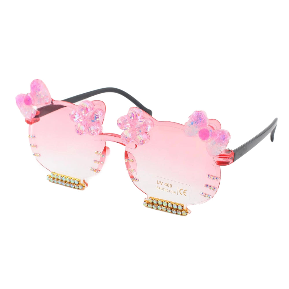 Kids' Rimless Cartoon-Shaped Sunglasses – Glitter Bow & Crystal Rhinestone Petal Shades (QE3035)