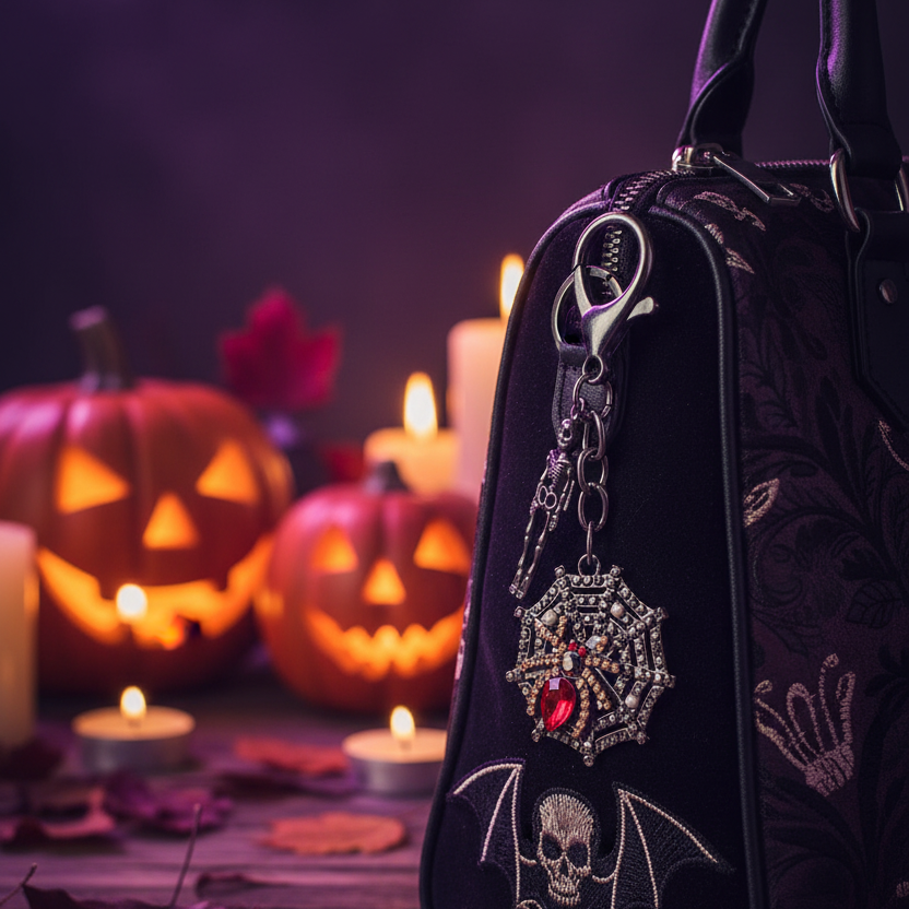 Gothic Spider Web & Skeleton Keychain Charm – Halloween Rhinestone Bag Accessory (10.5cm) (QE3057)