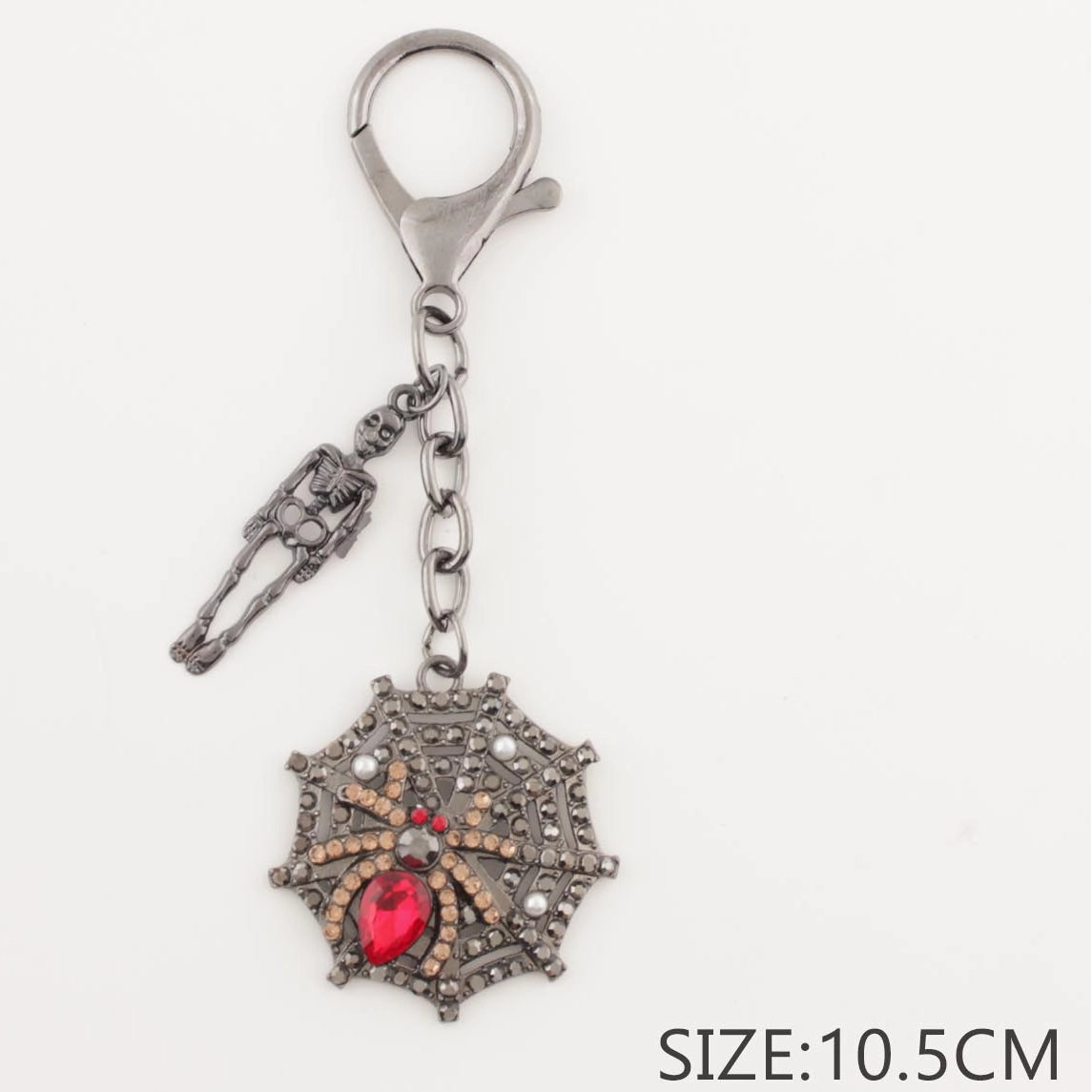Gothic Spider Web & Skeleton Keychain Charm – Halloween Rhinestone Bag Accessory (10.5cm) (QE3057)