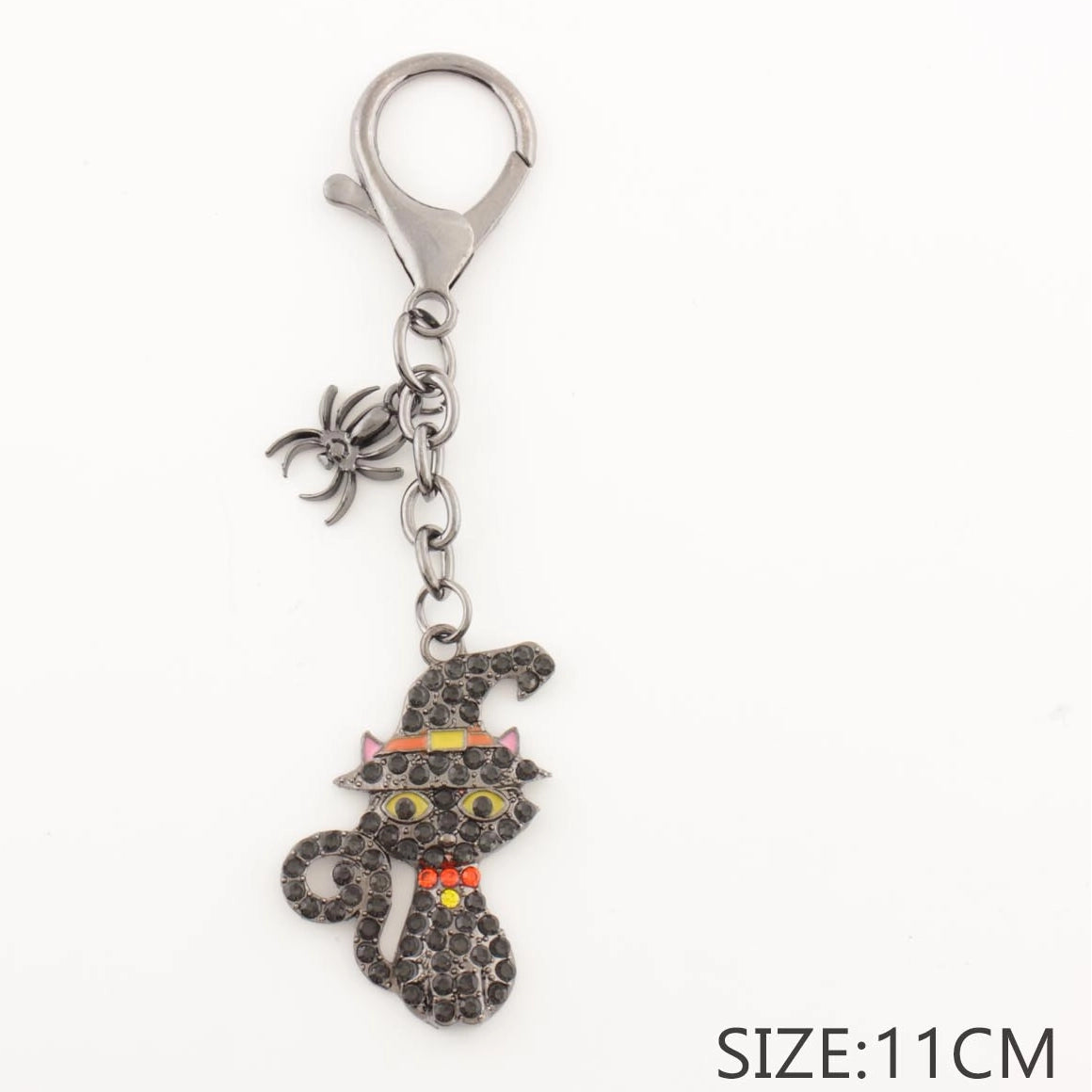 Spooky Halloween Black Cat Keychain with Spider Charm – Rhinestone Witch Cat Keyring & Bag Accessory (11cm) (QE3058)