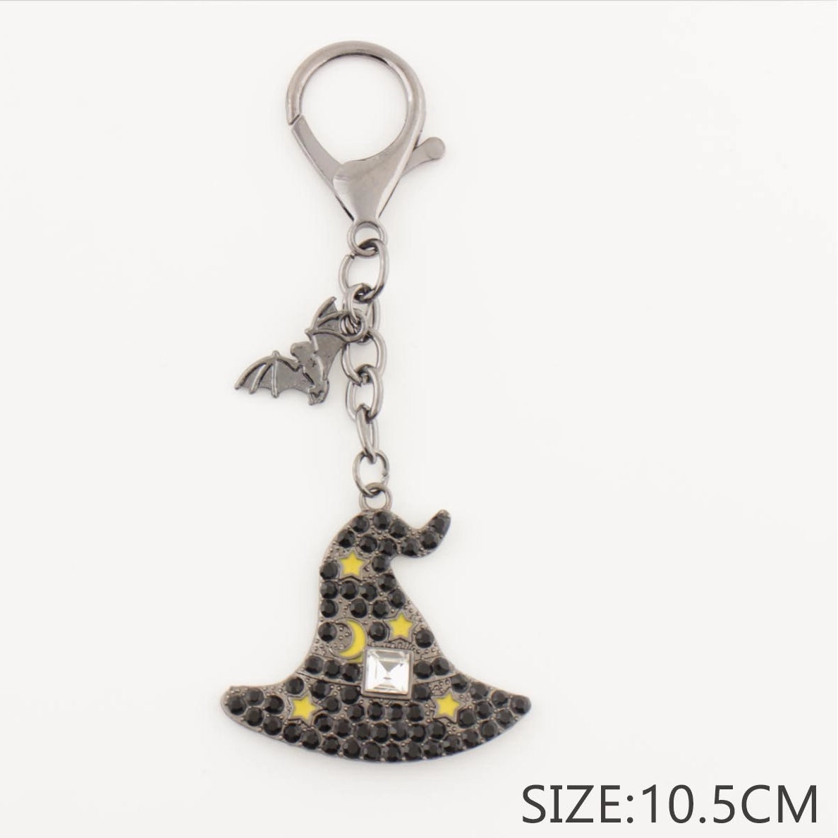 Sparkling Halloween Witch Hat Keychain with Bat Charm & Rhinestones (10.5 cm) – Bulk 12-Piece Set (QE3060)