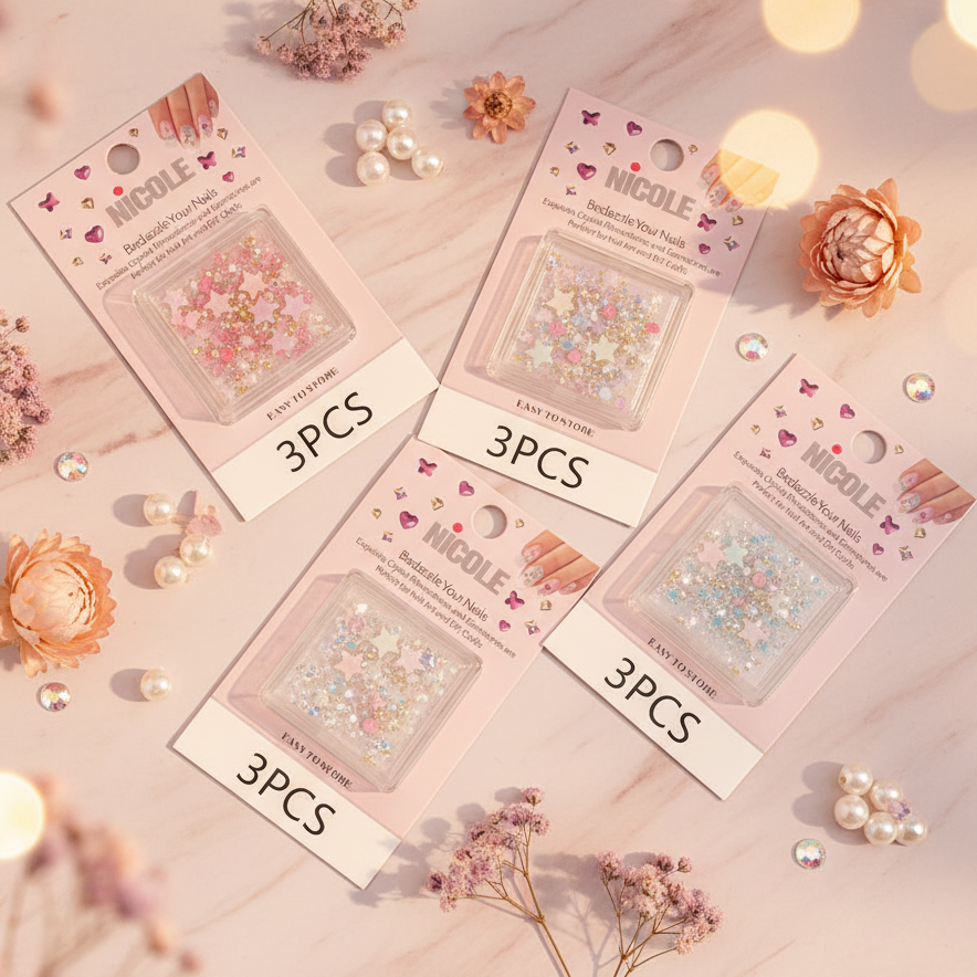 Nail Art Rhinestone & Gemstone Mix - 3-Piece Set - Professional DIY Manicure Crystals & 3D Charms (QE3077)