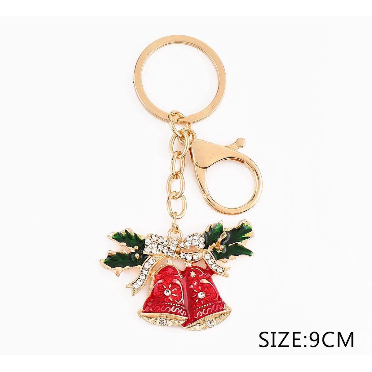 9CM Christmas Jingle Bells & Holly Enamel Keychain & Bag Charm – Gold & Silver Tone 12-Piece Wholesale Pack (QE3105)