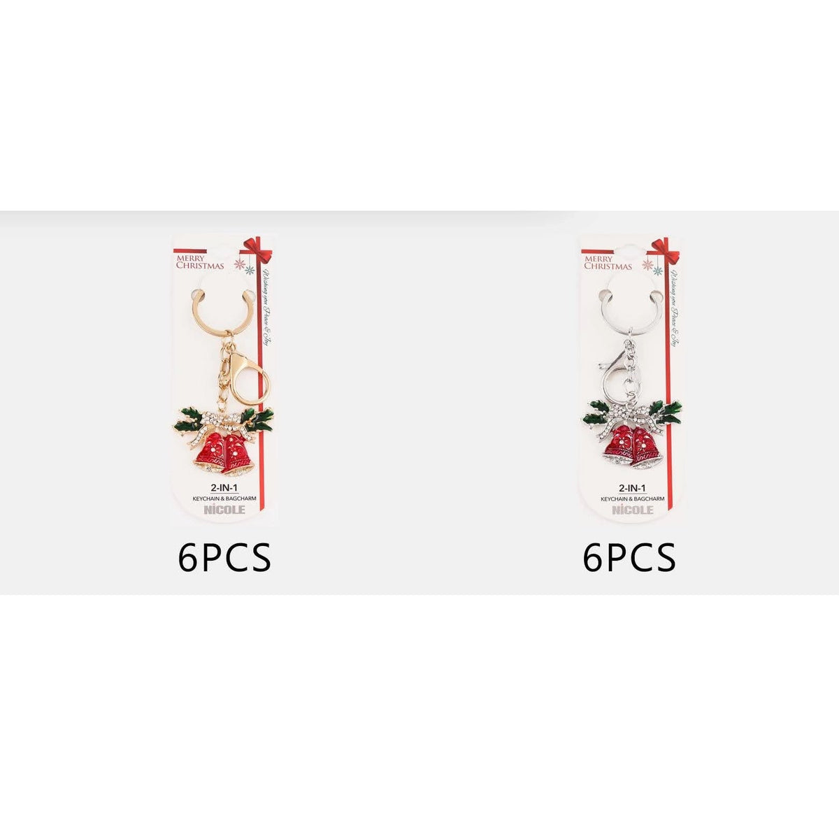 9CM Christmas Jingle Bells & Holly Enamel Keychain & Bag Charm – Gold & Silver Tone 12-Piece Wholesale Pack (QE3105)