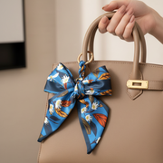 Floral Silk-Feel Scarf Bow Keychain – Elegant Bag Charm & Keychain Accessory (16cm) (QE3117)