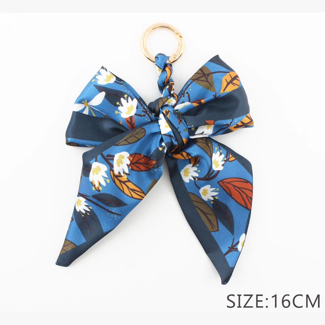 Floral Silk-Feel Scarf Bow Keychain – Elegant Bag Charm & Keychain Accessory (16cm) (QE3117)