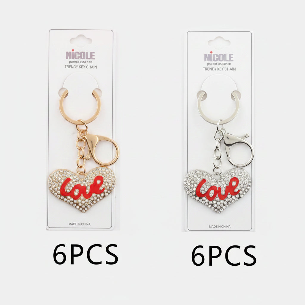 Heart-Shaped Rhinestone "Love" Keychain – Gold & Silver Wholesale Pack (QE3132)