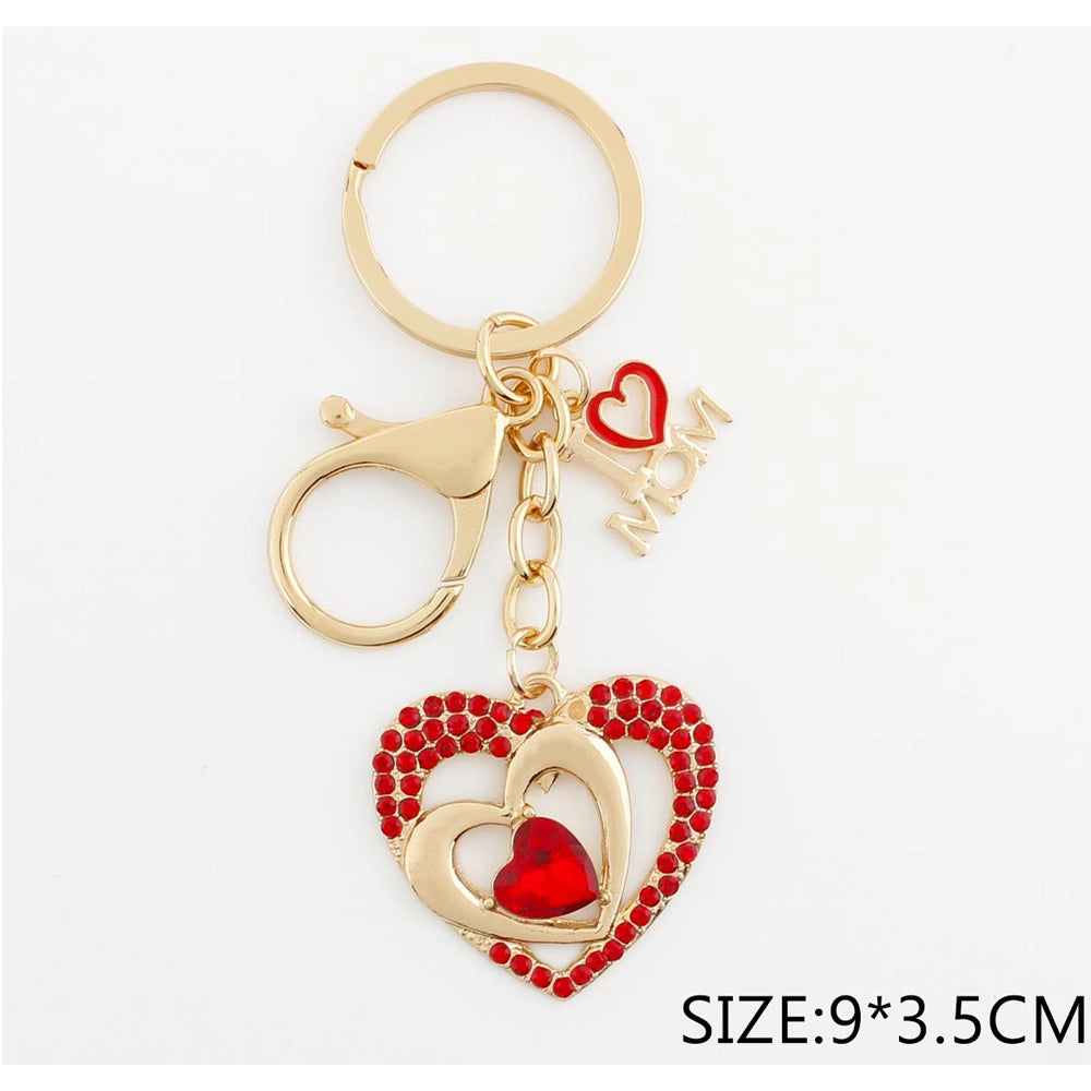 "I Love Mom" Crystal Heart Keychain - Elegant Gold & Silver Tone Bag Charm (6-Piece Bulk Pack) (QE3140)