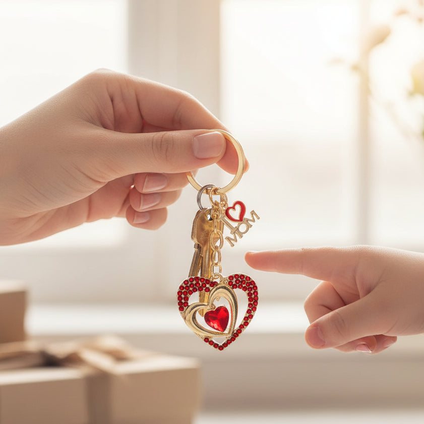 "I Love Mom" Crystal Heart Keychain - Elegant Gold & Silver Tone Bag Charm (6-Piece Bulk Pack) (QE3140)