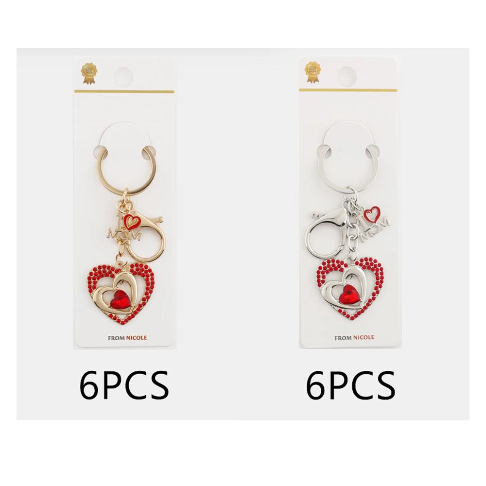 "I Love Mom" Crystal Heart Keychain - Elegant Gold & Silver Tone Bag Charm (6-Piece Bulk Pack) (QE3140)