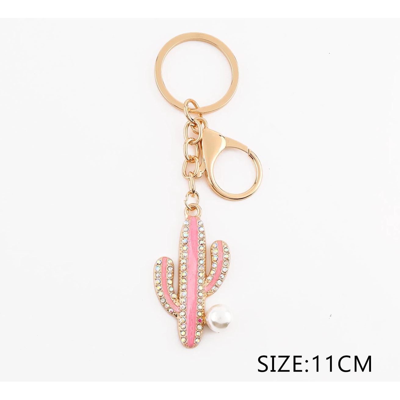 Rhinestone Cactus Keychain & Bag Charm | Enamel Pearl Cactus Keyring with Lobster Clasp 11cm (QE3150)