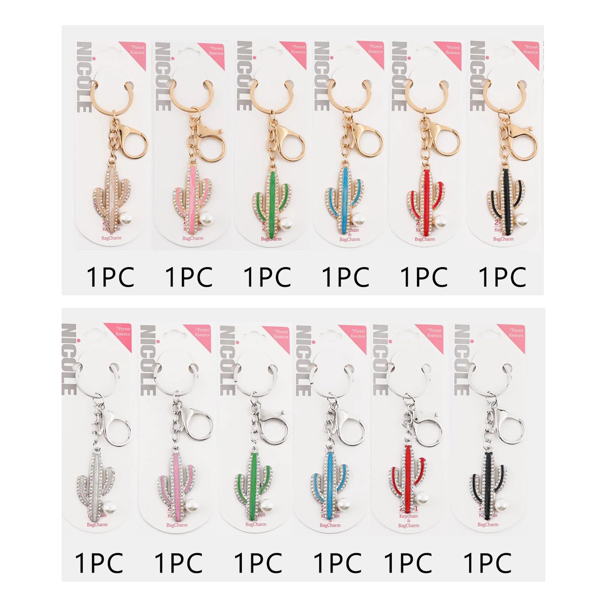 Rhinestone Cactus Keychain & Bag Charm | Enamel Pearl Cactus Keyring with Lobster Clasp 11cm (QE3150)