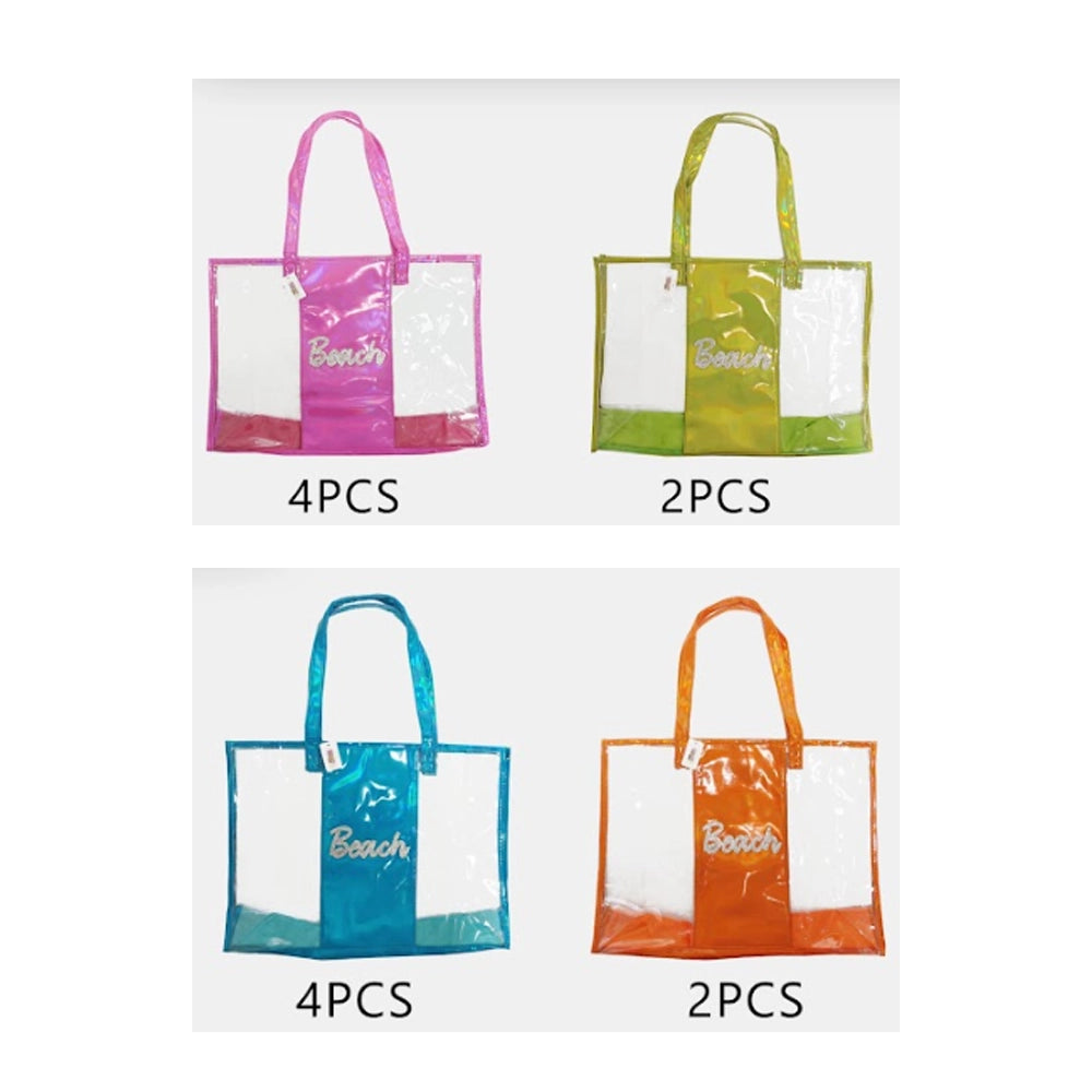 Clear Iridescent Beach Tote Bag – Transparent Waterproof Shoulder Bag for Travel & Pool – Set of 12 (QE3171A)