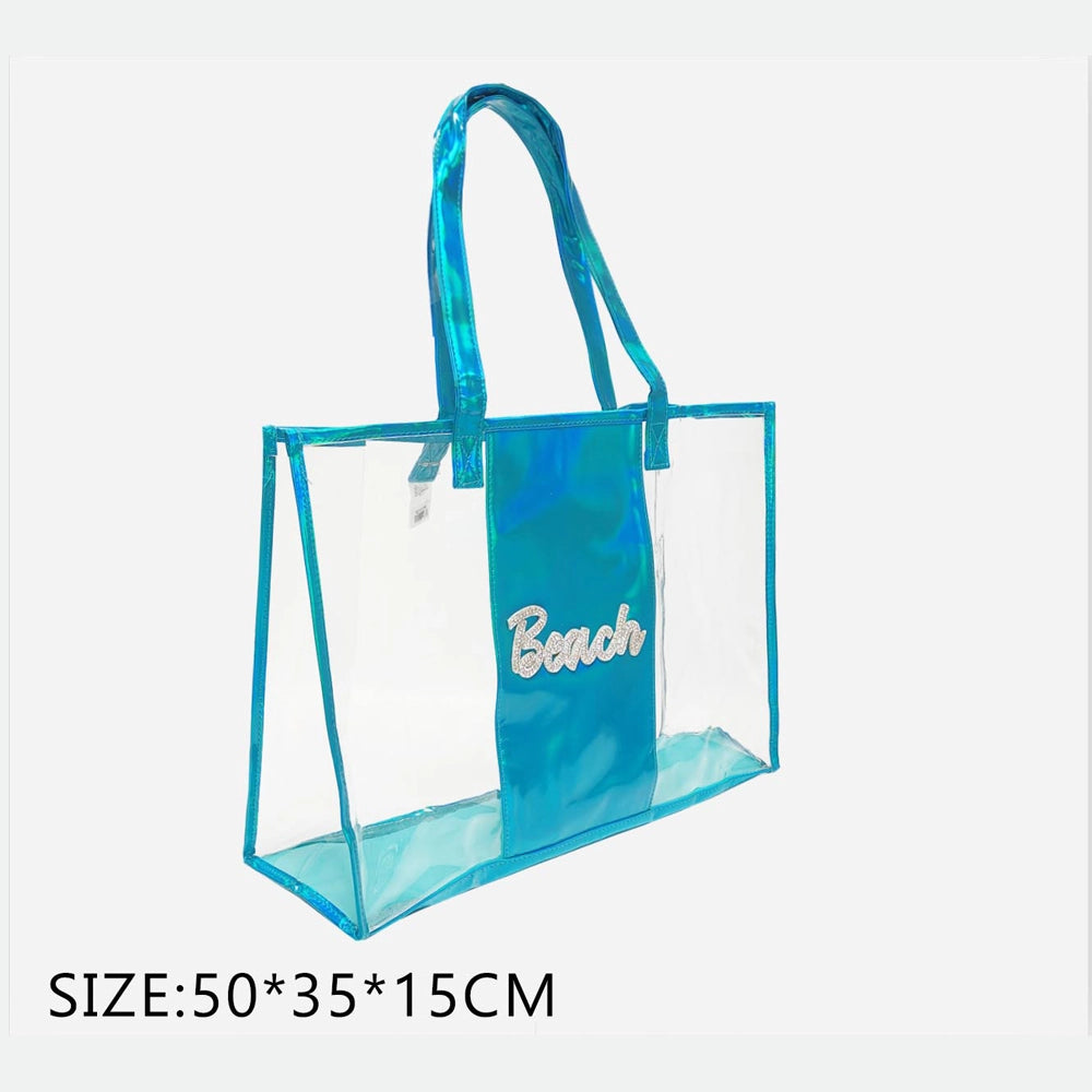 Clear Iridescent Beach Tote Bag – Transparent Waterproof Shoulder Bag for Travel & Pool – Set of 12 (QE3171A)