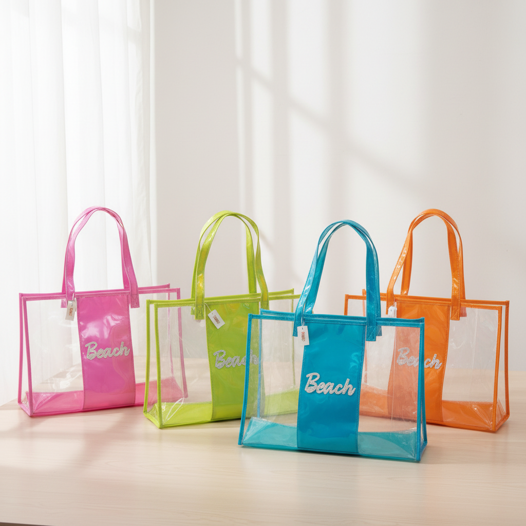 Clear Iridescent Beach Tote Bag – Transparent Waterproof Shoulder Bag for Travel & Pool – Set of 12 (QE3171A)