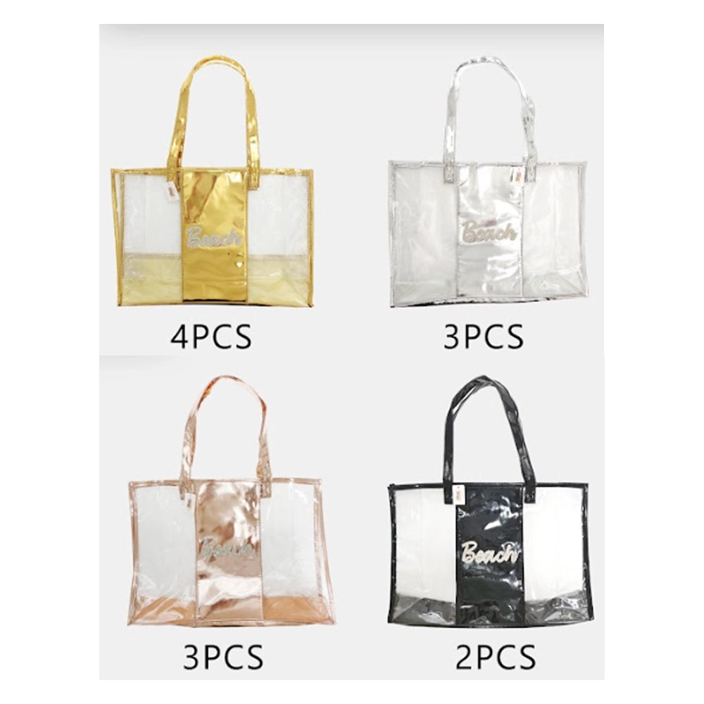 Clear Iridescent Beach Tote Bag – Transparent Waterproof Shoulder Bag for Travel & Pool – Set of 12 (QE3171GS)