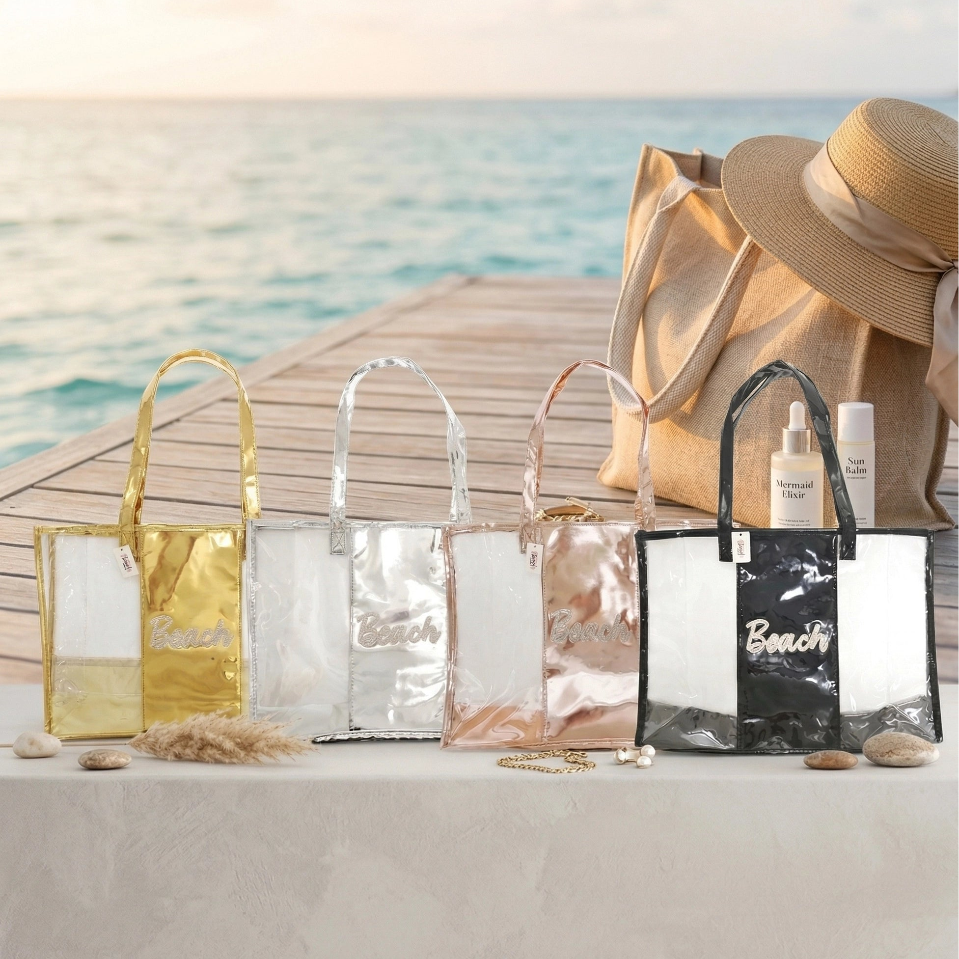 Clear Iridescent Beach Tote Bag – Transparent Waterproof Shoulder Bag for Travel & Pool – Set of 12 (QE3171GS)