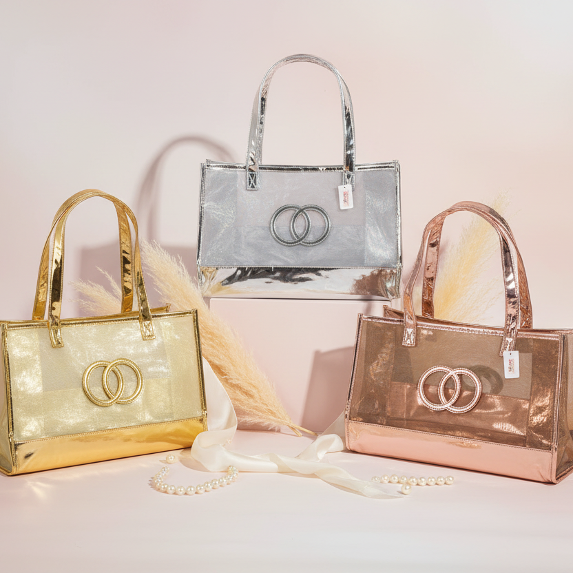 Metallic Mesh Tote Bag – Elegant Sheer Handbag– Set of 12 (QE3172)