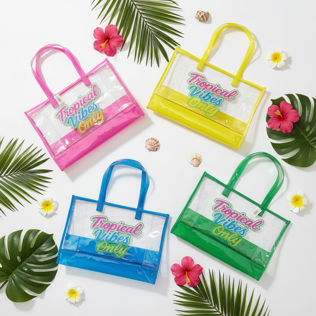 Tropical Vibes Only Clear Tote Bag – Transparent Beach & Travel Handbag (Assorted Colors) (QE3177)