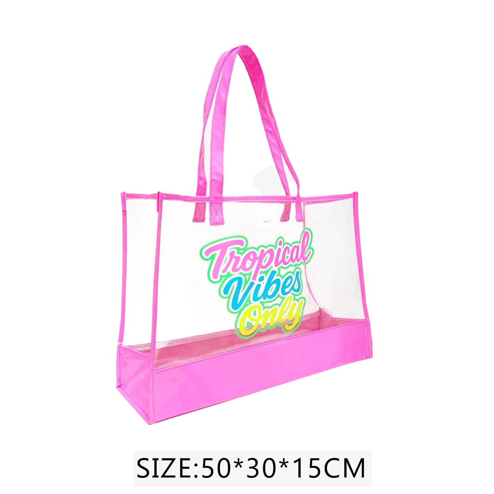 Tropical Vibes Only Clear Tote Bag – Transparent Beach & Travel Handbag (Assorted Colors) (QE3177)