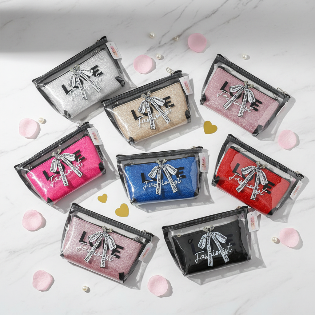 Glitter & Clear Cosmetic Bag Set - Waterproof Travel Makeup Pouch (QE3184)