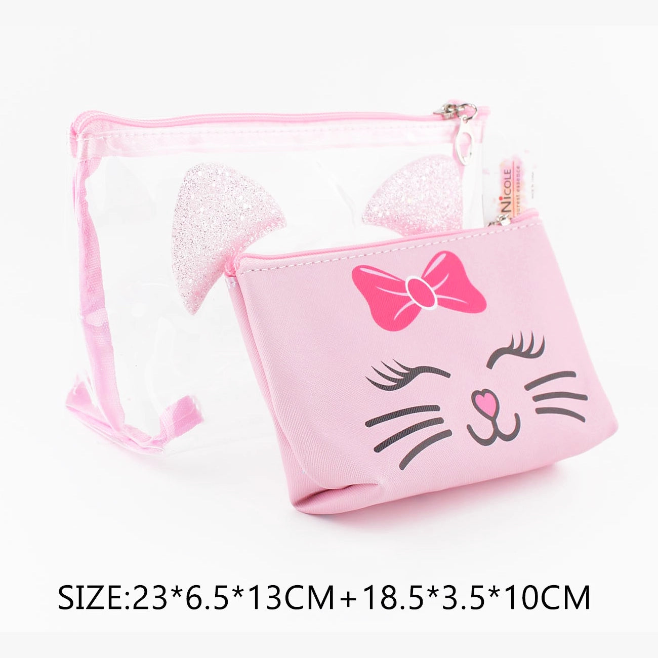 Cat-Themed Clear Makeup Bag & Pouch Set – 2-in-1 Travel Toiletry Organizer (QE3185)
