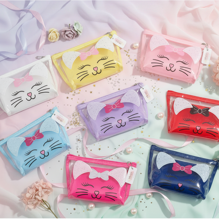 Cat-Themed Clear Makeup Bag & Pouch Set – 2-in-1 Travel Toiletry Organizer (QE3185)