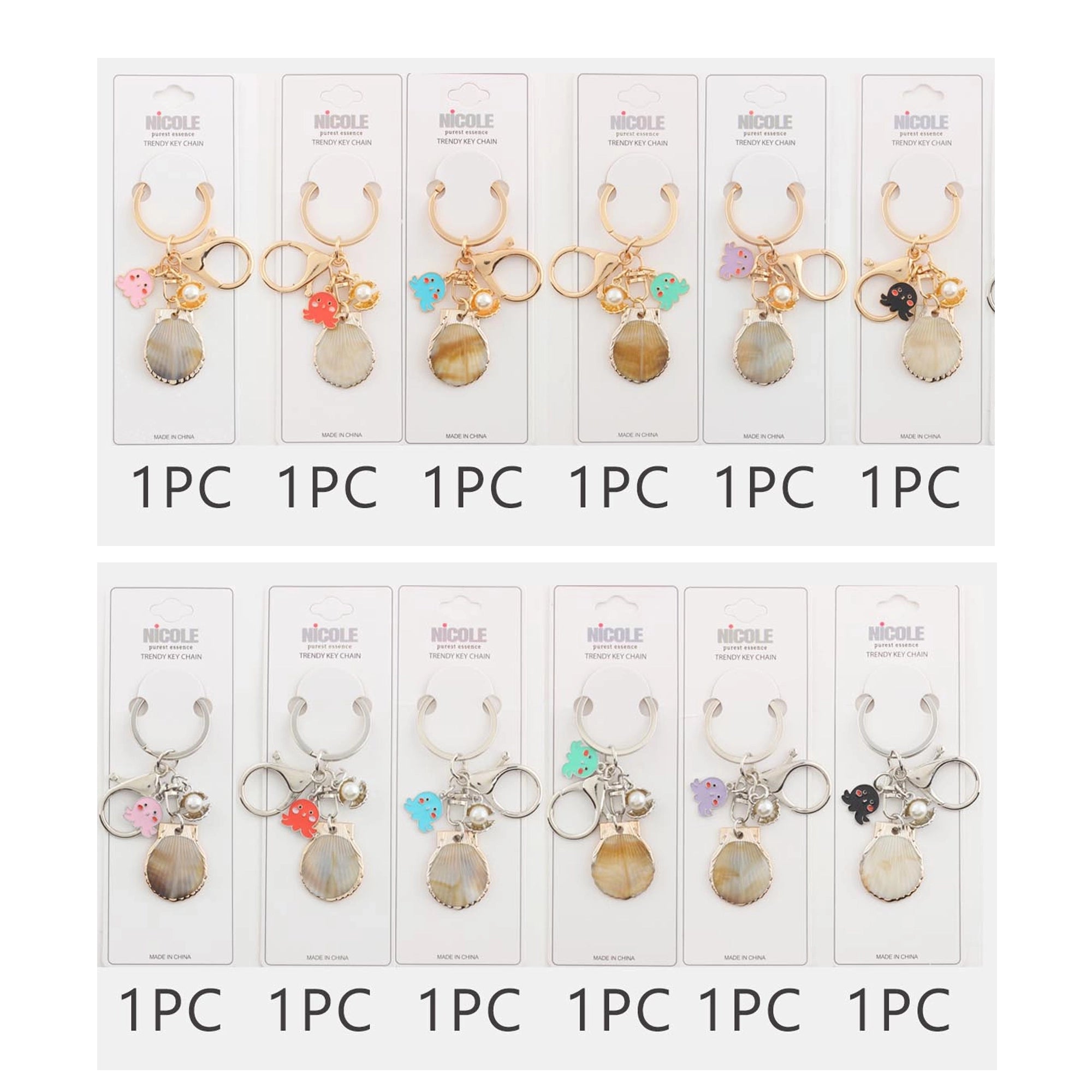Ocean Theme Shell & Octopus Keychain Bulk Pack | Gold Charm Keyring with Pearl Accent | 12-Piece (QE3214)