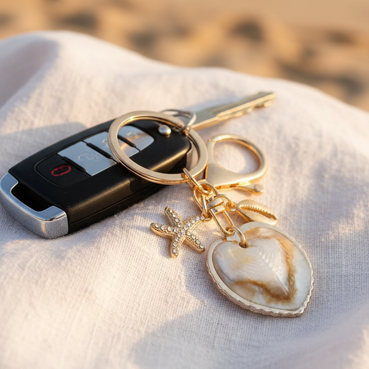 Gold Beach Theme Keychain - Heart Seashell Charm Keyring with Starfish & Cowrie Shell Charms (8cm) (QE3215)