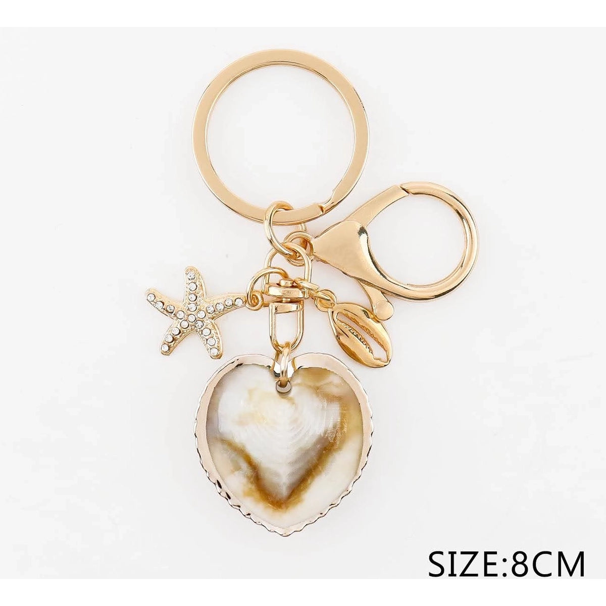 Gold Beach Theme Keychain - Heart Seashell Charm Keyring with Starfish & Cowrie Shell Charms (8cm) (QE3215)